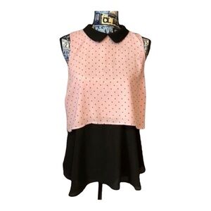 Womens Top Elle- Chiffon pink and black polka dots sleeveless top